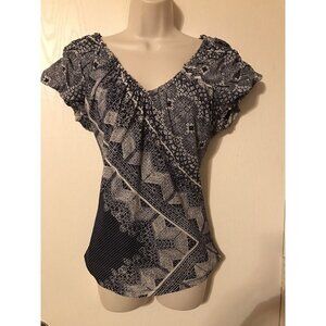 DELETTA Anthrolpologie Blue Fractal Art Print Cap Sleeve SHIRT TOP Sz S 90s Y2K